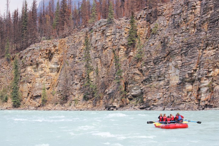 A group rafting on a river bordered by rocky cliffs and coniferous trees.
